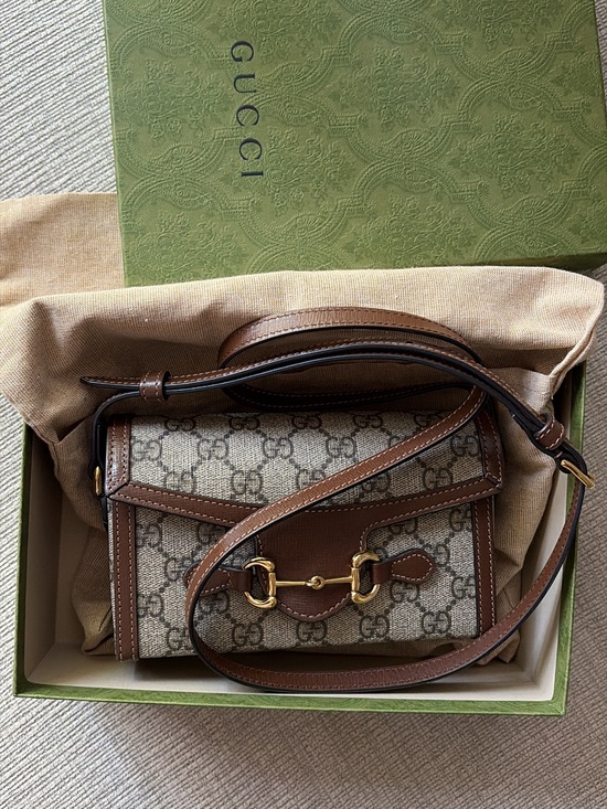Gucci Handbags - Gucci Beige GG Canvas Crossbody with Brown Leather Trim